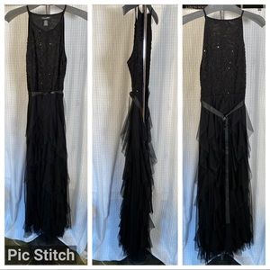 Candalite Formal Prom Dress Black Sequins Tulle Skirt Belted Size Small